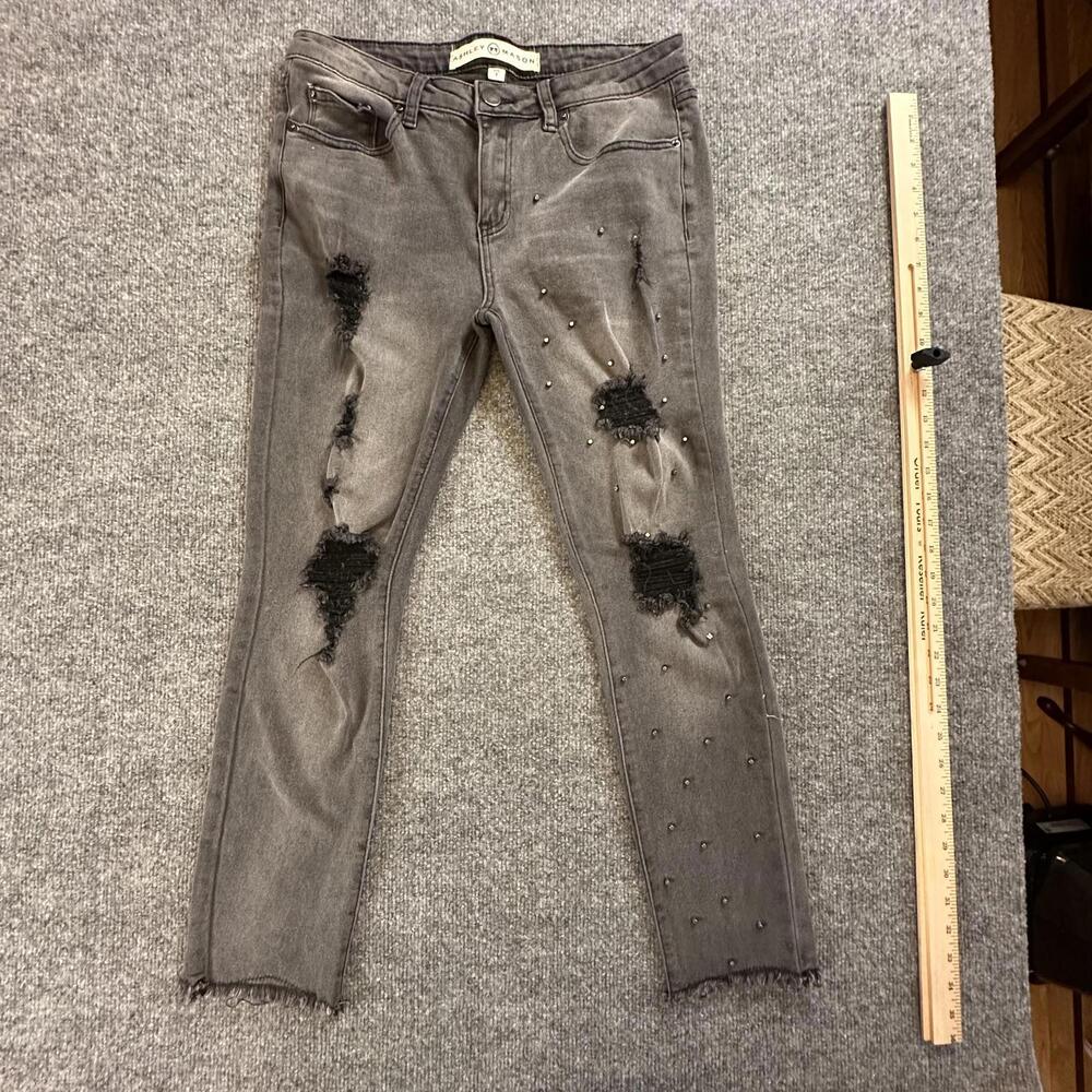 Ashley Mason Womens Distressed Skinny Jeans Gray Studded Raw Hem Size 7